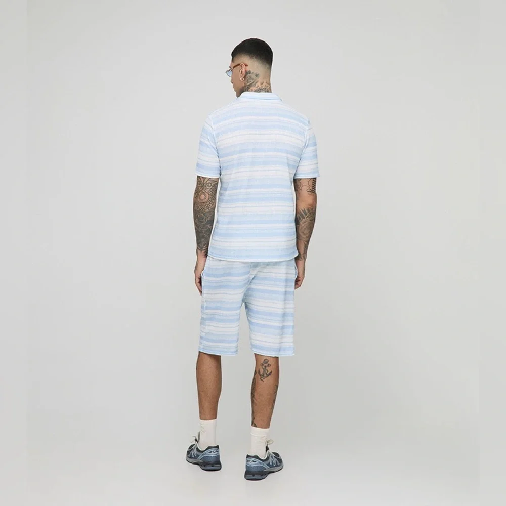 BoohooMAN Tall Slim Revere Abstract Textured Polo Short Set light blue-S